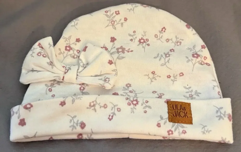 Lila & Jack New York Baby Girl Beanie Cap White w/Pink Flowers & Bow, One Size